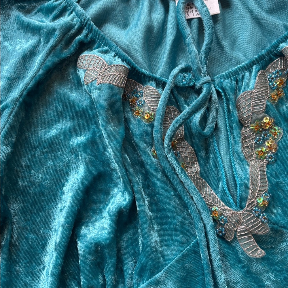 Vintage Y2K New Teal Velvet XL Fairy Peasant Blouse Top Beaded Embroidered - Picture 12 of 17